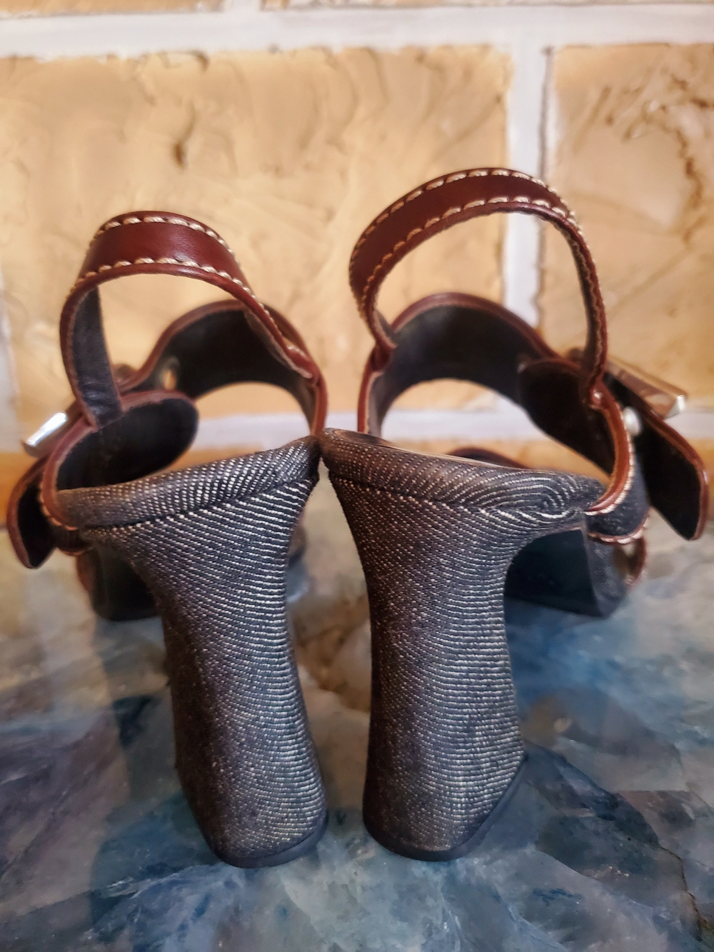 Vintage PRADA Women’s Brown Leather Accent Denim Block Heel Sandals - Picture 4 of 5